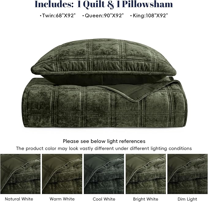 PHF Ultra Soft Velvet Quilt Set Twin Size – 2PCS Luxurious Cozy Quilted Comforter Alternative with Diamond Pattern, Warm Quilted Bedspread Coverlet, 68" x 92", Smokey Olive
