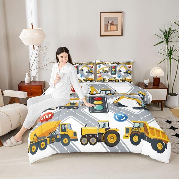 Feelyou Cartoon Construction Excavator Bedding Set for Kids Boys Vehicles Truck Car Comforter Decor Machinery Bulldozer Crane Comforter Set Nursery Duvet Set King Size Bedspreads Coverlet Sets Boys