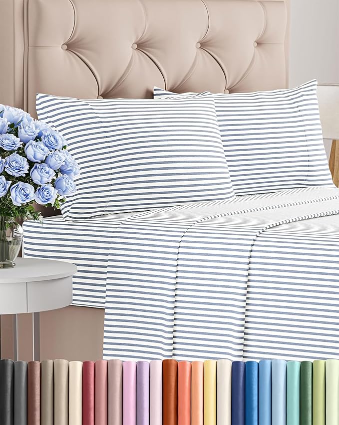 Twin 4 Piece Sheet Set - Comfy Breathable & Cooling - Soft Hotel Luxury Bedding Set with 8-16 Inch Deep Pockets - 1 Flat & 1 Fitted Sheet & 2 Pillowcases - Wrinkle Free & Easy Care - Blue Stripes 2