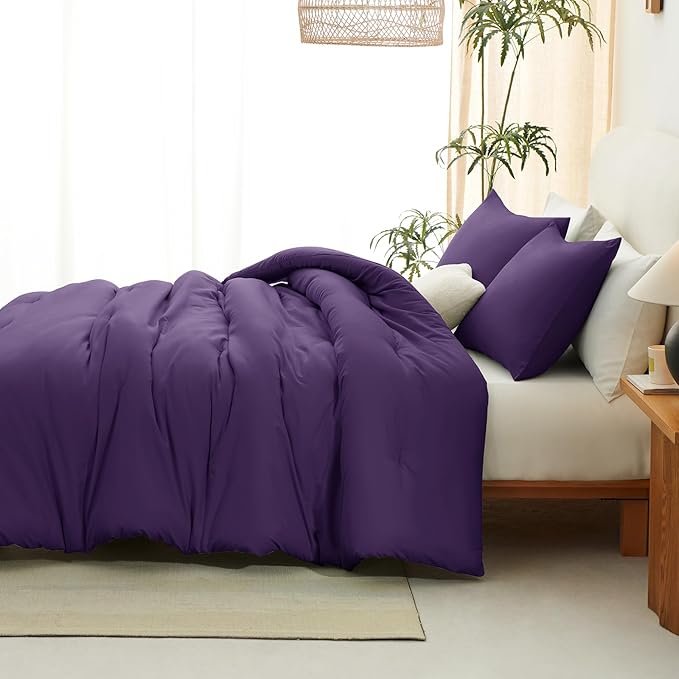 CozyLux Full Size Comforter Set Purple, 3 Pieces Solid Breathable Quilted Style Bedding Sets, Luxury Soft Bed Set with Down Alternative Comforter for All Season (1 Comforter & 2 Pillowcases)
