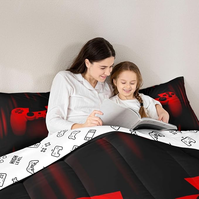 Feelyou Boys Gamer Comforter Set Queen Size Gaming Bedding Set Kids Video Games Comforter for Teen Child Gamer Room Decor Super Soft Red Black Bed Microfiber Game Geometric Duvet Quilted Boy Gift