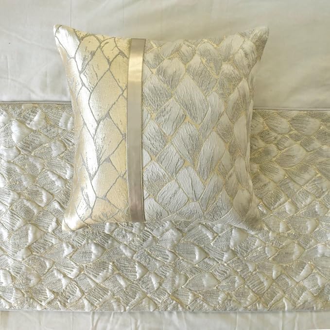 The HomeCentric King/Queen/Twin Ivory & Gold Decorative Full 68"x18" Bed Runner with Pillow Cover, Patchwork, Quilted, Jacquard Foil Bed Scarf on Jacquard Fabric - Spinzar