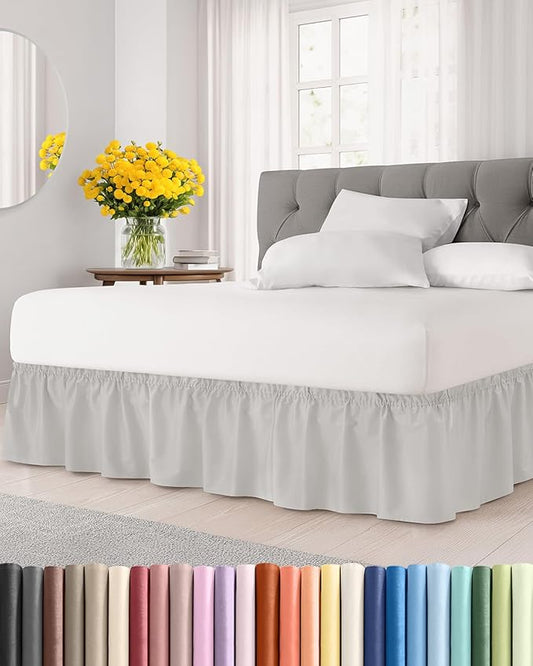 Wrap Around Dust Ruffle Bed Skirt - French Grey - for Queen Size Beds w/ 12 Inch Drop - Easy Fit Elastic Strap - Adjustable Pleated Bedskirt w/Brushed Fabric - Wrinkle Free, Women, Men, Kids & Teens