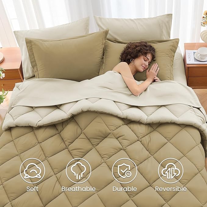 MUXHOMO 7 Pieces King Comforter Set, Reversible Bed in a Bag King Size, All Season Bedding Set with Comforter, Flat Sheet, Fitted Sheet, Pillowcases & Shams, Khaki & Linen