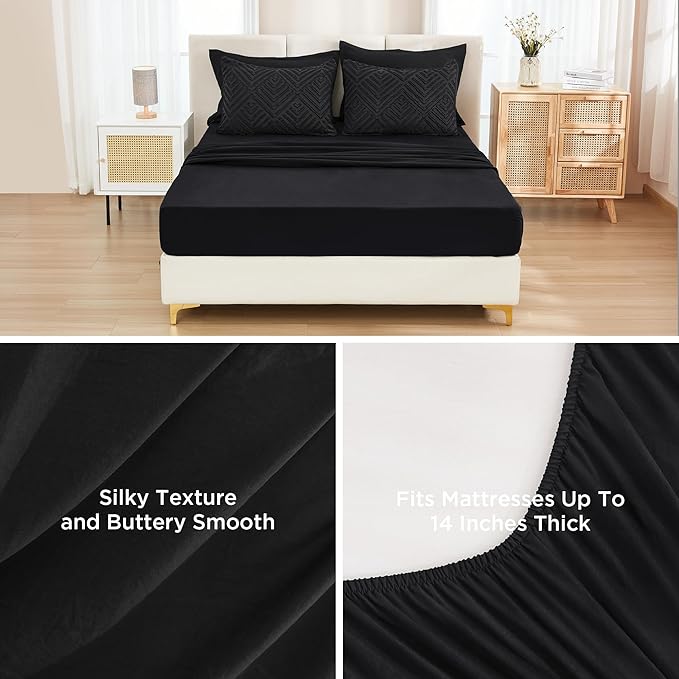 Andency Queen Comforter Set 7 Piece Black - Bed in a Bag Queen Boho Lightweight Fluffy Tufted Bedding Sets with Comforter, Sheets, Pillowcases & Shams