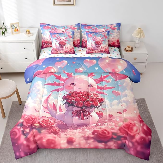 Feelyou Kids Cute Axolotl Comforter Set with Sheets King Size, Cartoon Animal 7 Pieces Bedding Set Boys Girls Kawaii Ocean Sealife Bed in A Bag Rose Teens Bed Set Bedroom Decor 7Pcs
