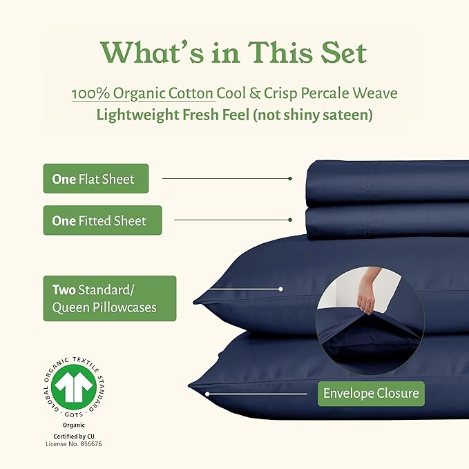California Design Den Soft 100% Organic Cotton Sheets Full Size Set with Deep Pockets - Crisp Percale, Breathable and Durable Bedding Set - Navy Blue