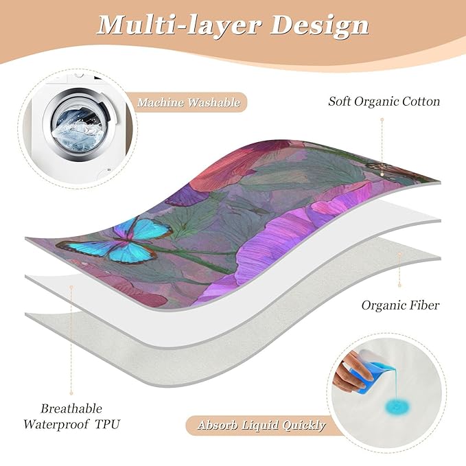 Waterproof Bed Pad Reusable Changing Pad Toddler Mattress Protector Large Pee Pad Baby Diaper Pad Soft Washable Liner Purple Red Poppy Butterfly