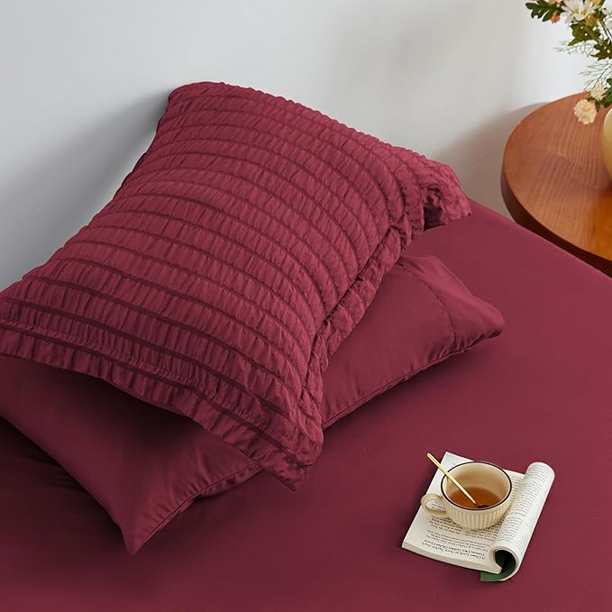 Love's cabin Seersucker Burgundy Twin Comforter Set, 5-Piece All Season Lightweight Bed in a Bag Bedding Set with Comforter, Flat Sheet, Fitted Sheet, Pillowcase and Sham | Soft, Breathable, Lightweight