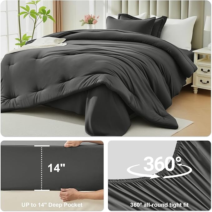 Queen Comforter Set 7 Piece - Soft Bed in a Bag Queen Size Comforter Sets, Cozy Bedding Sets with Down Alternative Comforter, Flat Sheet, Fitted Sheet, 2 Pillowcases & 2 Shams, Dark Gray