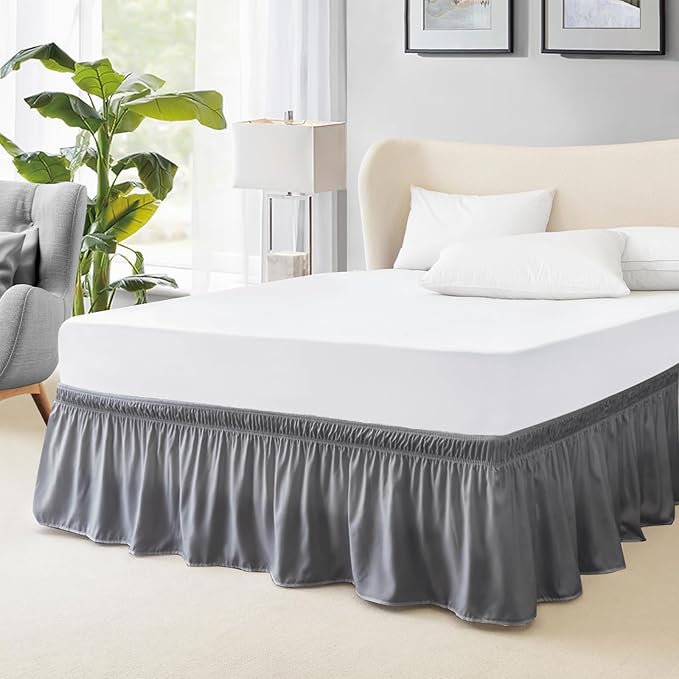 FreshCulture Twin Bed Skirt, Elastic Wrap Around Bed Skirt Twin Bed, Easy Fit with 15-Inch Tailored Drop, Hotel Quality Bed Skirts for Adjustable Bed (Dark Grey)