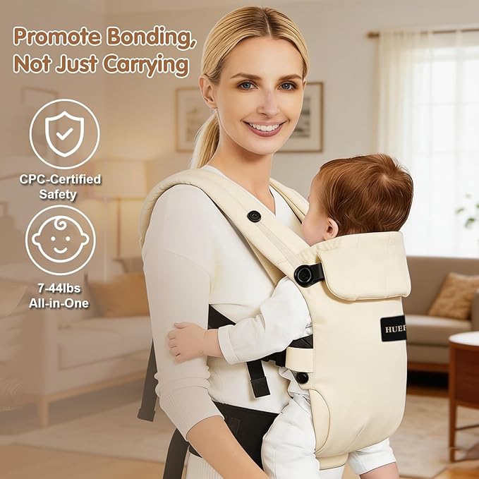 Baby Carrier (7–44 lbs), Soft Breathable Double-Shoulder Carrier with Adjustable Support, Ergonomic Design for Hip Positioning, Comfort Waist Support, Lightweight Hands-Free Baby Carrier (Beige)