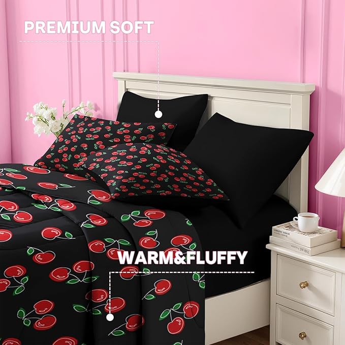 Nesker 5 Pcs Comforter Set Twin Size, Retro Red Black Bedding for Kids Teen, Cherry Fruit Bed Sheet with Pillowcase & Sham