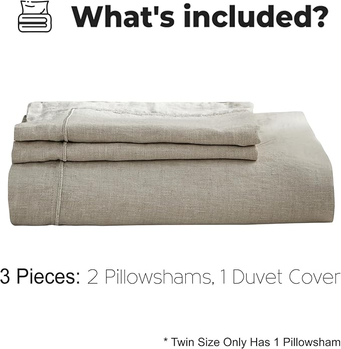 Simple&Opulence 100% Washed Linen Duvet Cover with Embroidered, 2 Pieces Soft Farmhouse Comforter Set with Button Closure,1 Duvet Cover and 1 Pillowsham(Twin,Natural Linen)
