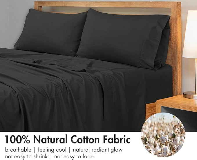 Royale Linens 300 Thread Count 100% Long Staple Combed Cotton Flat Sheet - Super Soft - Top Sheets - Twin Flat Sheet Sold Separately - Breathable, Cool & Crisp Percale Sheets Only (Twin, Black)