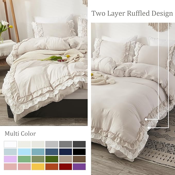 Bedorm Beige Duvet Cover Set King Ruffle Bedding Set Pleat Ruffled Shabby Chic Comforter Cover Extra Soft & Easy Care White Boho Duvet Cover with Zipper Closure