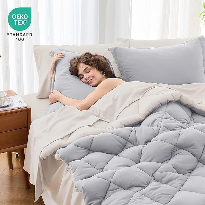 MUXHOMO 7 Pieces Full Comforter Set, Reversible Bed in a Bag Full Size, All Season Bedding Set with Comforter, Flat Sheet, Fitted Sheet, Pillowcases & Shams, Light Grey & Beige