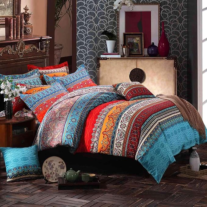 Nanko King Duvet Cover Set Boho Colorful Retro Striped Print 3pc 104 x 90 Luxury Soft Microfiber Down Comforter Quilt Bedding Cover with Zipper Ties - Bohemian Exotic Style for Men and Women Red Blue