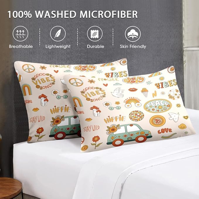 Queen Size Comforter Set with 2 Pillowcases, Retro 70S Funny Hippie Psychedelic Soft 3 Pcs Bedding Set for Kids and Adults Bedroom Bed Decor