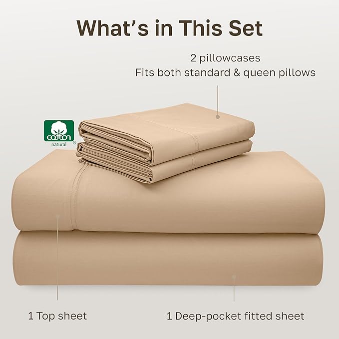 California Design Den 100% Cotton Full Sheet Set, 600 Thread Count Sateen, Soft, Cooling Bed Sheet with Deep Pockets, Hotel-Quality Bedding Sheets & Pillowcases (Golden Tan)