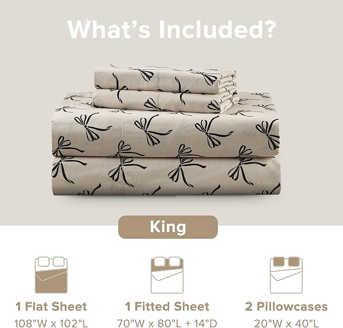 Comfort Spaces 100% Cotton Sheets King, Breathable, Naturally Cool Cotton Sheets, Soft Cotton Bed Sheets with 14" Elastic Pocket Fits up to 16" Mattress, All Seasons Sheet Set, Bow Black/Taupe 4 Piece