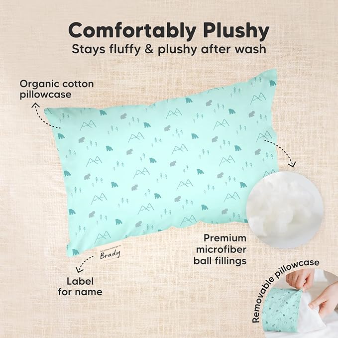 Mini Toddler Pillow with Pillowcase - 9x13 My Little Dreamy Travel Kids Pillow for Sleeping, Toddler Bed, Small, Tiny, Organic Cotton Pillowcase, Soft & Breathable, Kids 2-4 Years Old (Polar)