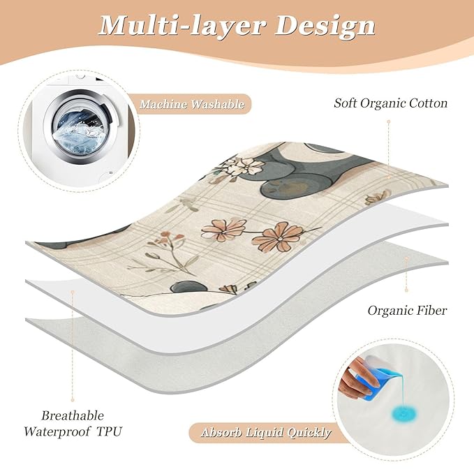 Waterproof Bed Pad Reusable Changing Pad Toddler Mattress Protector Large Pee Pad Baby Diaper Pad Soft Washable Liner Beige Plaid Panda Flower