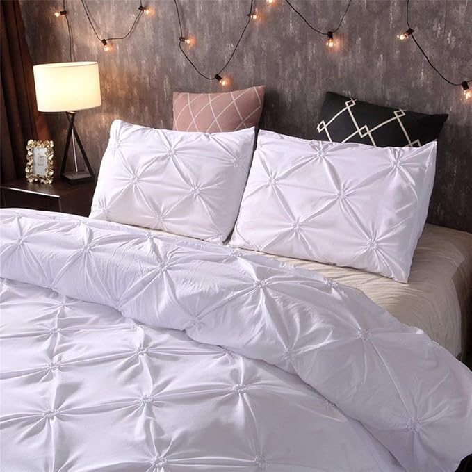 Feelyou King Duvet Cover Set Pinch Pleated Microfiber Polyester Bedding Sets Decorative Luxury Pintuck Tufted Pattern Comforter Cover with 2 Pillow Shams White, Solid Geometric 3Pcs