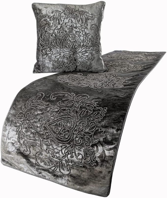 The HomeCentric Decorative Designer Handmade Bed Runner Without Pillow Cover, 68 x 18 Inch Damask Designer Full Size Bed Scarf in Foil Velvet and Embroidery Bed Linen Foot Warmer Home - Foil Damask