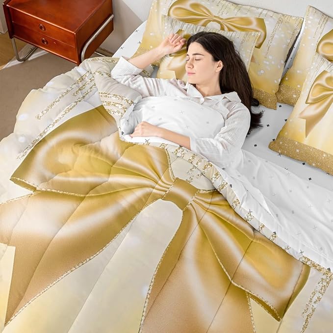 Feelyou Bowknot Comforter Set with Sheets 7 Piece Queen Size Dreamy Princess Bed in a Bag Kids Boys Girls Glitter Bedding Set Cute Bow Bedroom Decor Breathable Soft Lightweight Microfiber