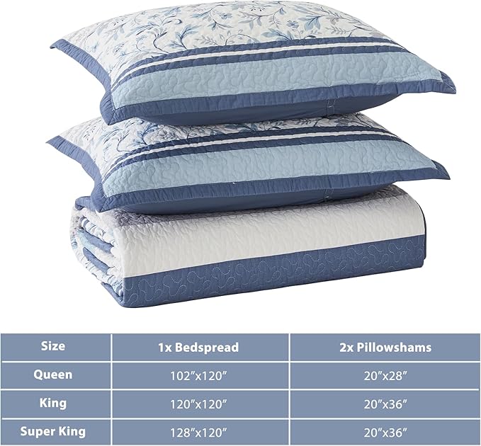 Oversized King Bedspread 120"x120" - 100% Cotton Lightweight All-Season Quilted Coverlet with Floral Striped Design - French Country & Farmhouse Bedding - California King Quilt in Blue