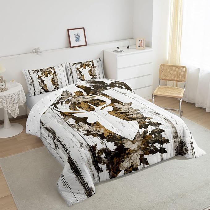 Feelyou Camo Deer Comforter Set Queen Size Deer Antlers Army Camouflage Bedding Set Boys Girls Hunting Comforter Set Animal Duvet Insert Bed Set 3Pcs
