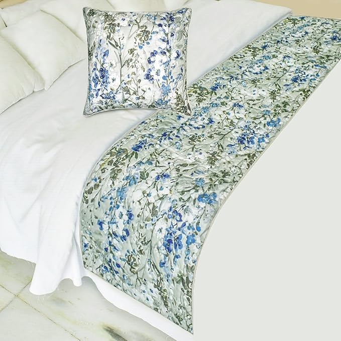The HomeCentric King/Queen/Twin Blue Decorative Bed Runner King 90"x18" Bed Runner Without Pillow Cover, Quilted Bed Scarf on Cotton Fabric - Garden Grace