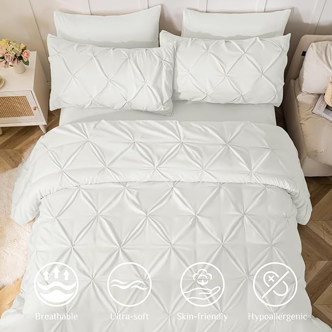 JOLLYVOGUE Queen Comforter Set 7 Pieces - Bed in a Bag Queen for All Season, Pintuck Bedding Comforter Sets with Comforter, Flat Sheet, Fitted Sheet and Pillowcases & Shams, White