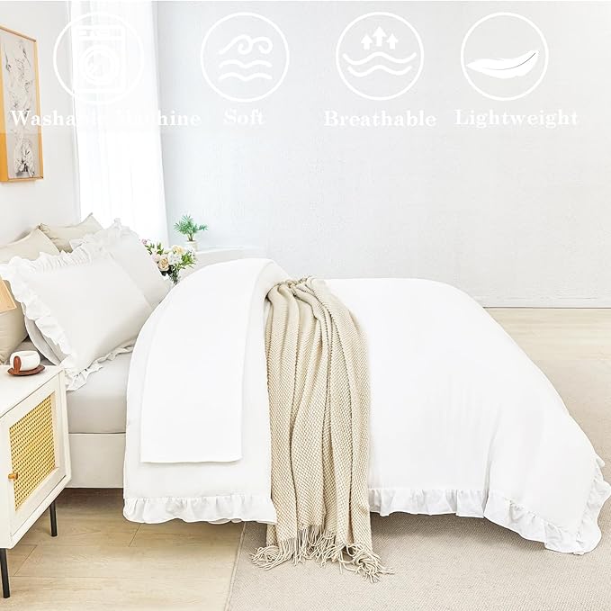ANGIYUIN 5 Pieces White Full Size Bed in A Bag for Kids Girls Ruffle Bedding Sets Solid Ruffled Comforter Set Vintage Farmhouse Bedding Comforter Sets with Sheets(White Full)