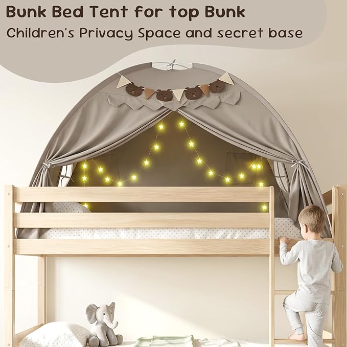 Full Bed Tent, Bunk Bed Tent Canopy with Stars Light & Flags, Breathable Sleeping Drafty, Privacy Space Dream Playhouse for Indoor Floor, Birthday Gifts, Grey