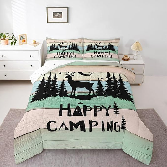 Kids Happy Camping Comforter Set King,Cute Deer Camper Bedding Set Rustic Farmhouse Woodland Animal Comforter for Boys Girls Old Barn Door Quilted Duvet Star Moon Pine Tree Decor 3 Pcs Black Green