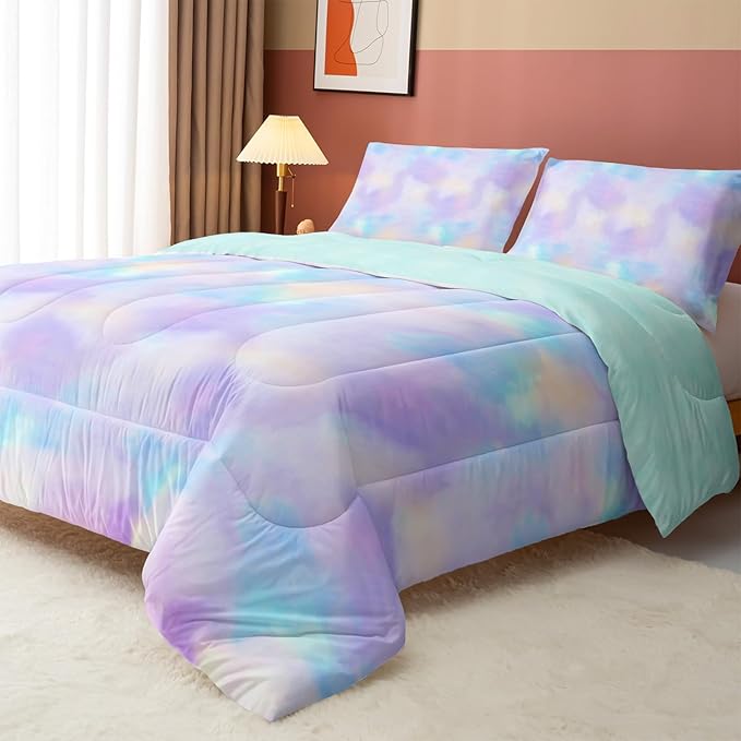 Axolotl Tie Dye Bedding Set Twin,Pink Blue Purple Cloud Comforter Set,Boho Psychedelic Bedding Colorful Tie Dye Pastel Comforter Set,Rainbow Bedding Set for Women,1 Quilt 2 Pillowcases
