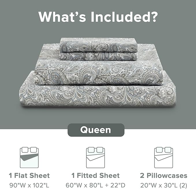 Comfort Spaces Extra Deep Pocket, 100% Cotton Queen Fits up to 24" Mattress, Breathable, Naturally Cool Cotton, Soft Cotton Sheets, All Seasons Sheet Set, Paisley 4 Piece