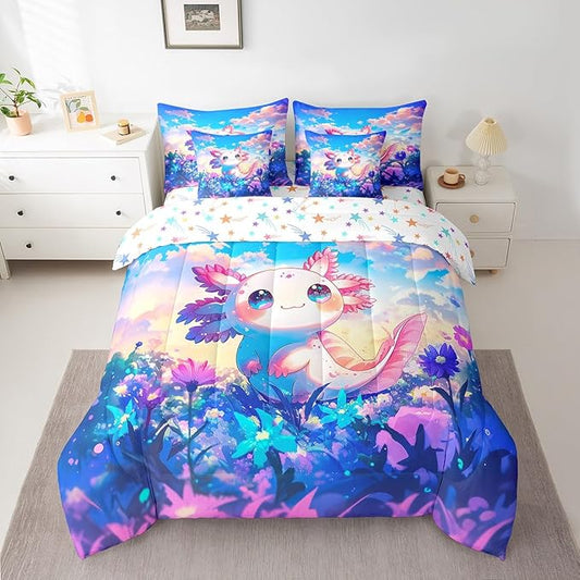 Feelyou Kids Cute Axolotl 7 Pieces Bedding Set Full Size, Cartoon Animal Comforter Set with Sheets Boys Girls Kawaii Ocean Sealife Bed in A Bag Floral Teens Bed Set Bedroom Decor 7Pcs