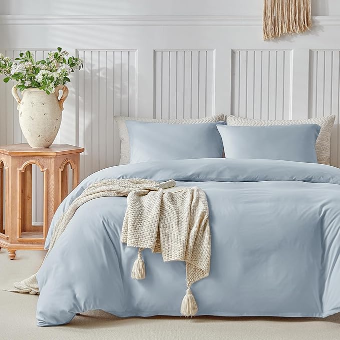 Lekesky Queen Size Duvet Cover Set, Hazy Blue Duvet Cover, Ultra-Soft Microfiber 3 Pieces Comforter Cover with Zipper and Corner Ties, Includes 2 Pillowcases 20"x26"