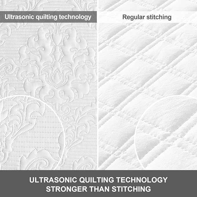 Hansleep White Quilt King Size - Damask Ultrasonic All Season Bedspread King, Soft Lightweight Coverlet Bedding Set, 3 Piece (1 Quilt, 2 Pillow Shams)