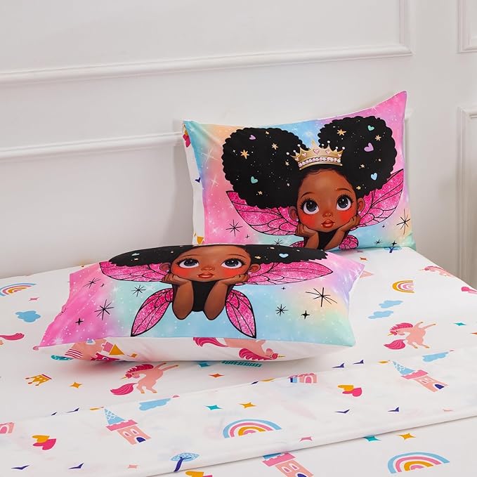 A Nice Night Black Girl Princess with Wings Comforter Set,Pink Gradient Glitter Rainbow Galaxy 6pcs Kids Bedding Set,Queen