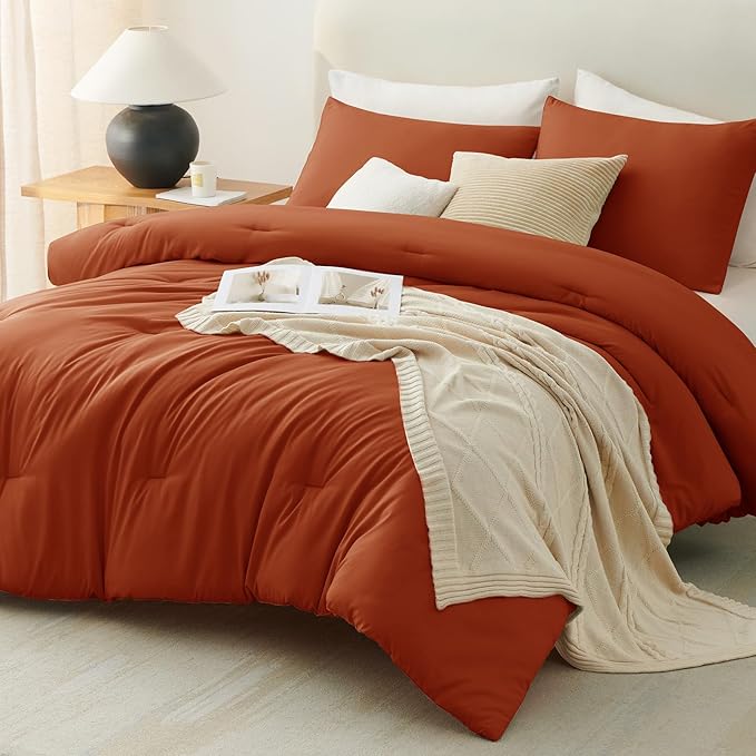 CozyLux California King Comforter Set Burnt Orange, 3 Pieces Cal King Terracotta Solid Breathable Bedding Sets, Luxury Soft Quilt Bed Set with Down Alternative Comforter (1 Comforter & 2 Pillowcases)