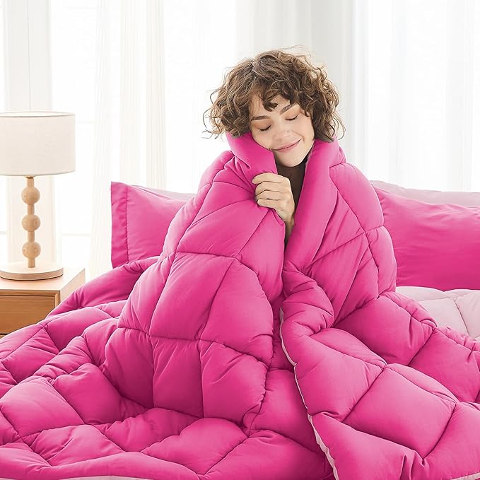 MUXHOMO 7 Pieces Oversized King Comforter Set, Reversible Bed in a Bag Oversized King Size, All Season Bedding Set with Comforter, Flat Sheet, Fitted Sheet, Pillowcases & Shams, Hot Pink & Baby Pink