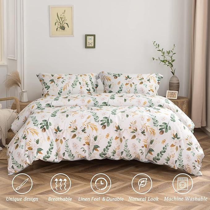 MILDLY Pattern Duvet Cover Set - 100% Washed Cotton Garden Floral Botanical Flower Leaves Bedding Set 3 Pieces Queen Size Linen Feel Breathable Comforter Cover with Zipper Ties