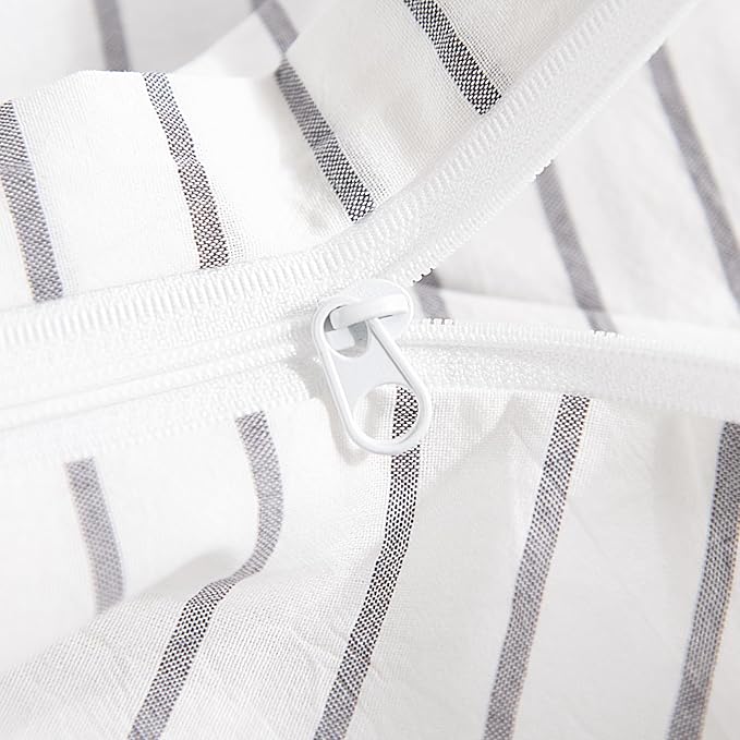NEXHOME PRO Striped Duvet Cover Full Size,100% Washed Cotton Bedding Set,Textured Linen Feel,Breathable,Organic,3 Piece(Grey Stripes 80x90)