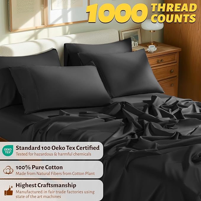 Shilucheng 100% Egyptian Cotton King Size Sheets Set - 1000 Thread Count，Luxury Cotton Bed Sheets，Breathable & Cooling Bedding and Pillow Cases, 16 Inch Deep Pocket - 6 Piece (Black, King)