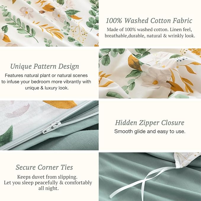MILDLY 100% Washed Cotton Duvet Cover Set - Garden Flower Printed Autumn Comforter Cover Set Twin Size Soft Breathable Bedding Set with Zipper Ties