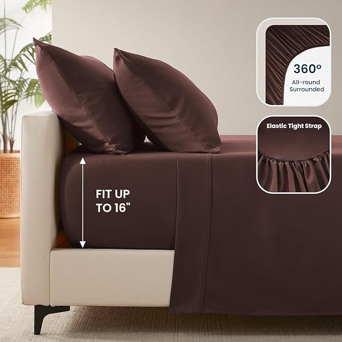 SLEEP ZONE Nanotex Super Soft Cooling Twin Bed Sheets Set for Kids 3 Piece - Easy Care Fitted Flat Sheet & Pillowcase Sets - Wrinkle Free, Fade Resistant, Deep Pocket 16" (Brown, Twin)
